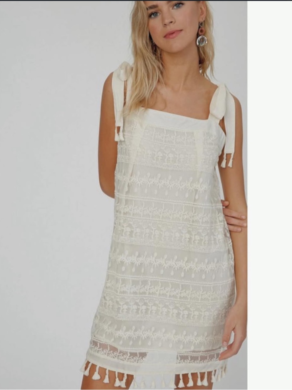 Listicle Cream Lace Tassel Tie-Shoulder Sundress